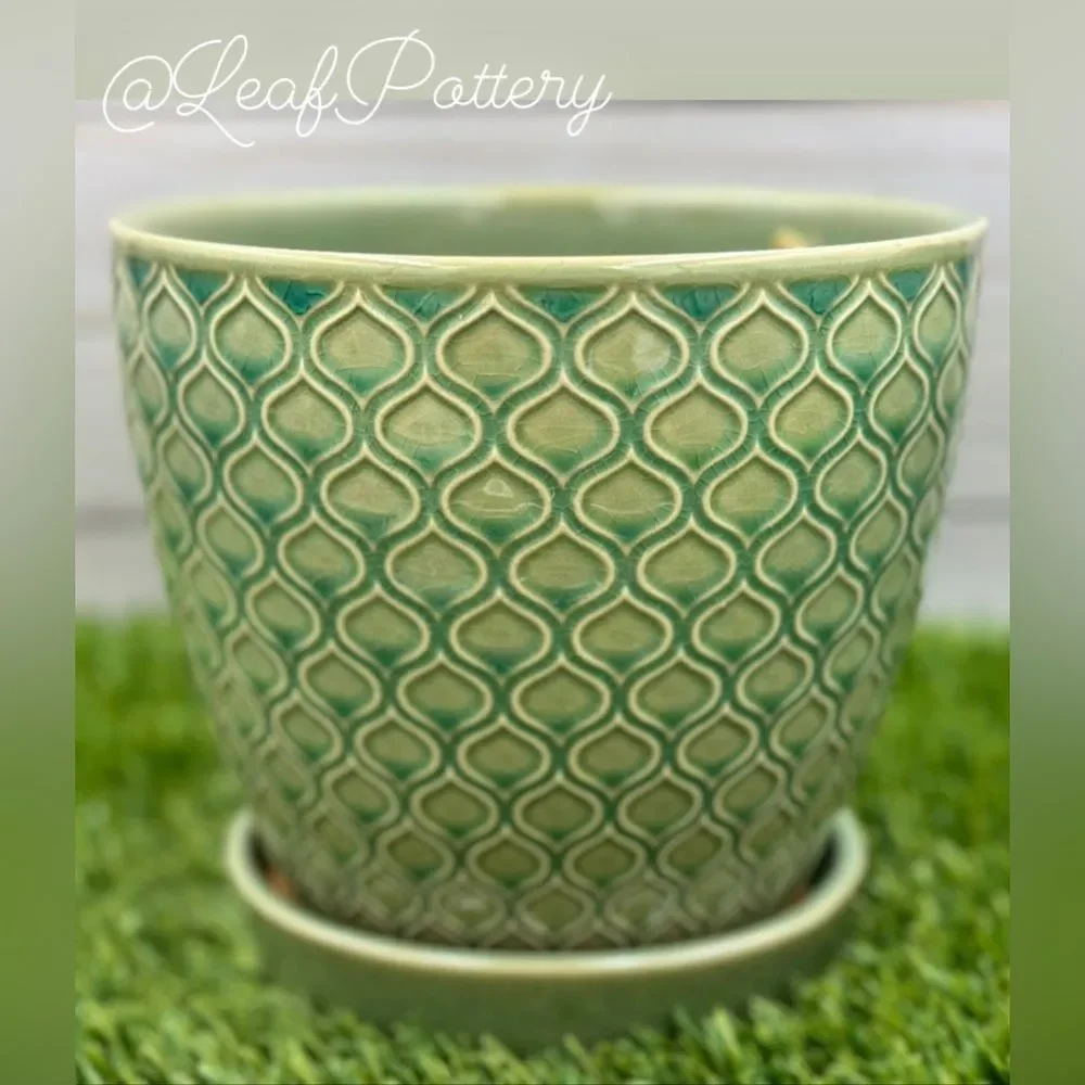 Coral Aqua/Green Ceramic Planter Pot with Saucer Attached - Picture 5 of 8